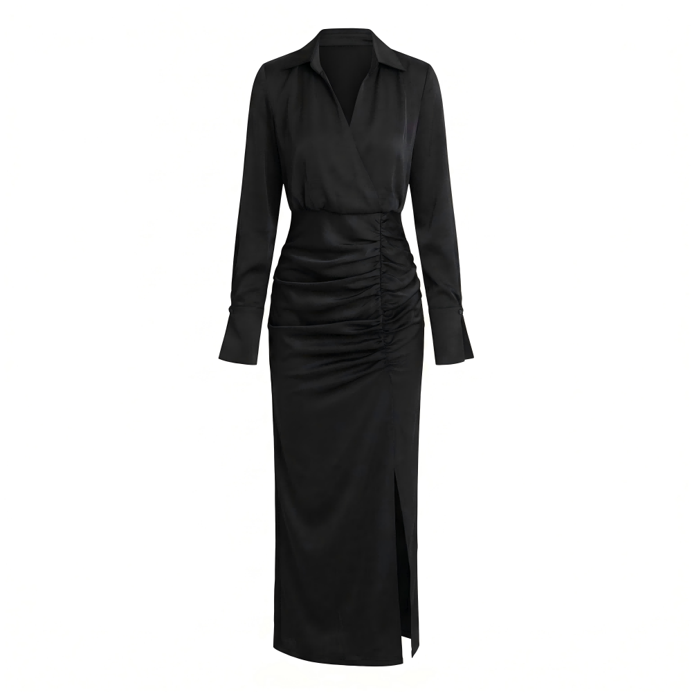 Elegant Black Satin Formal Shirt Dress with Slit
