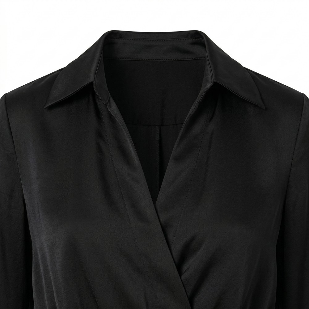 Elegant Black Satin Formal Shirt Dress with Slit - Image 4