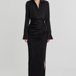 Elegant Black Satin Formal Shirt Dress with Slit