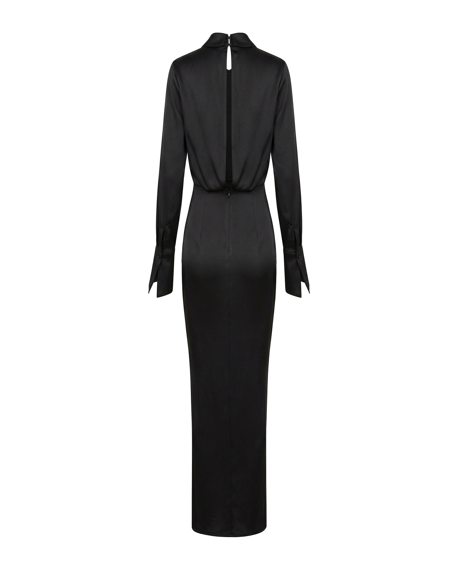 Elegant Black Satin Formal Shirt Dress with Slit - Image 2