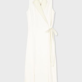 White Sleeveless Blazer Midi Dress Satin Lapel Wrap Tie Waist