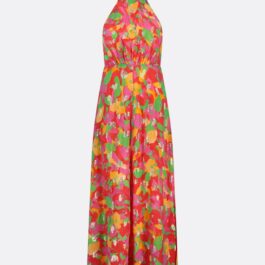 Colorful Floral Halter Maxi Dress Sequin Print Chiffon Flowy
