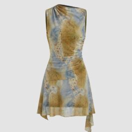 Mesh Floral Print Twist Asymmetric Vacation Vibe Mini Dress