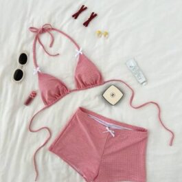 Factory Custom-made Sweet Retro Red Gingham High-Waisted Bikini Set with Bow Detail