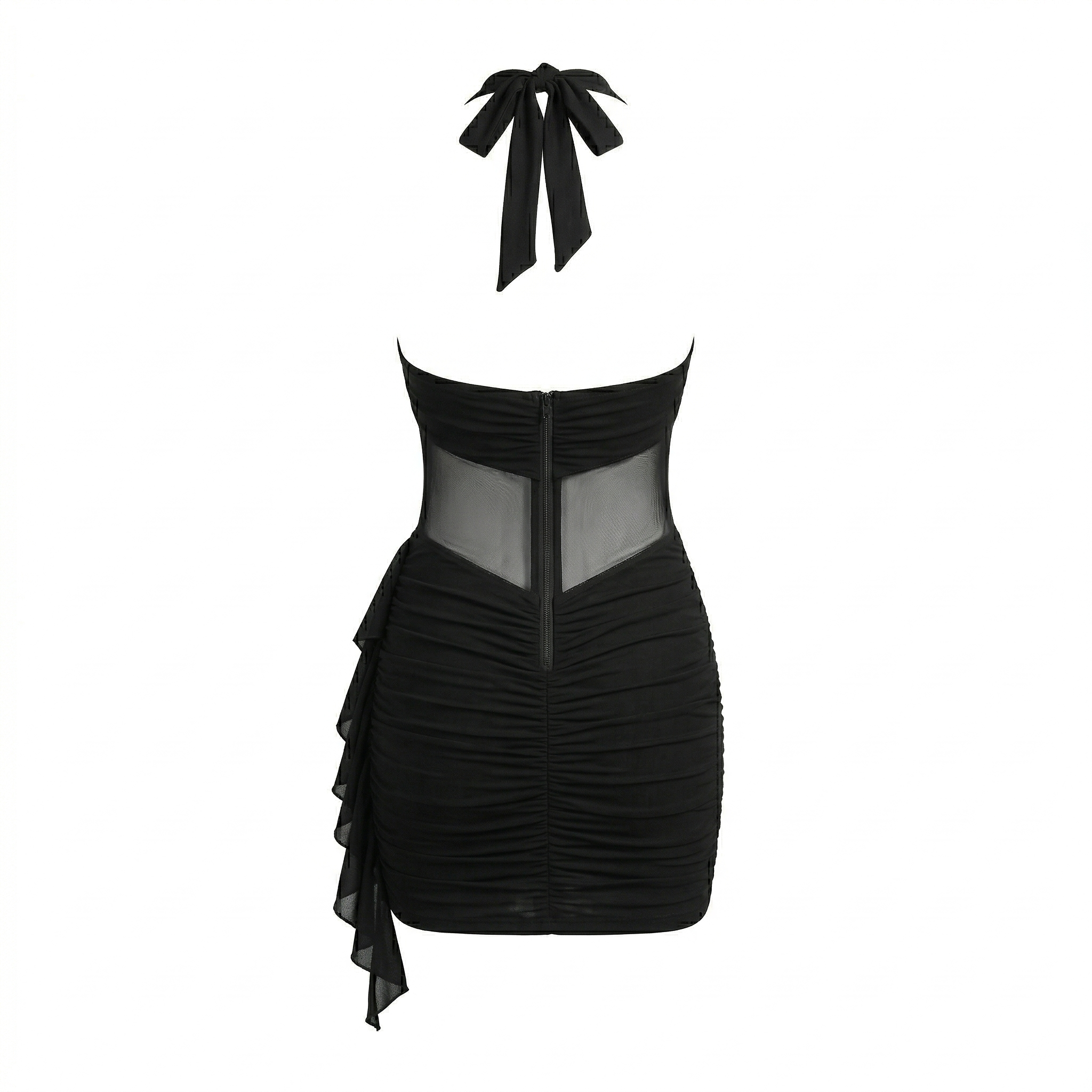 Factory OEM Custom Black Sheer Mesh Ruffle Ruched Halter Dress - Image 2