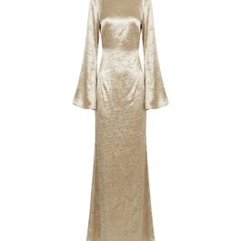 Factory OEM Custom Champagne Crinkled Satin Bell Sleeve Maxi Dress Muslim Clothes