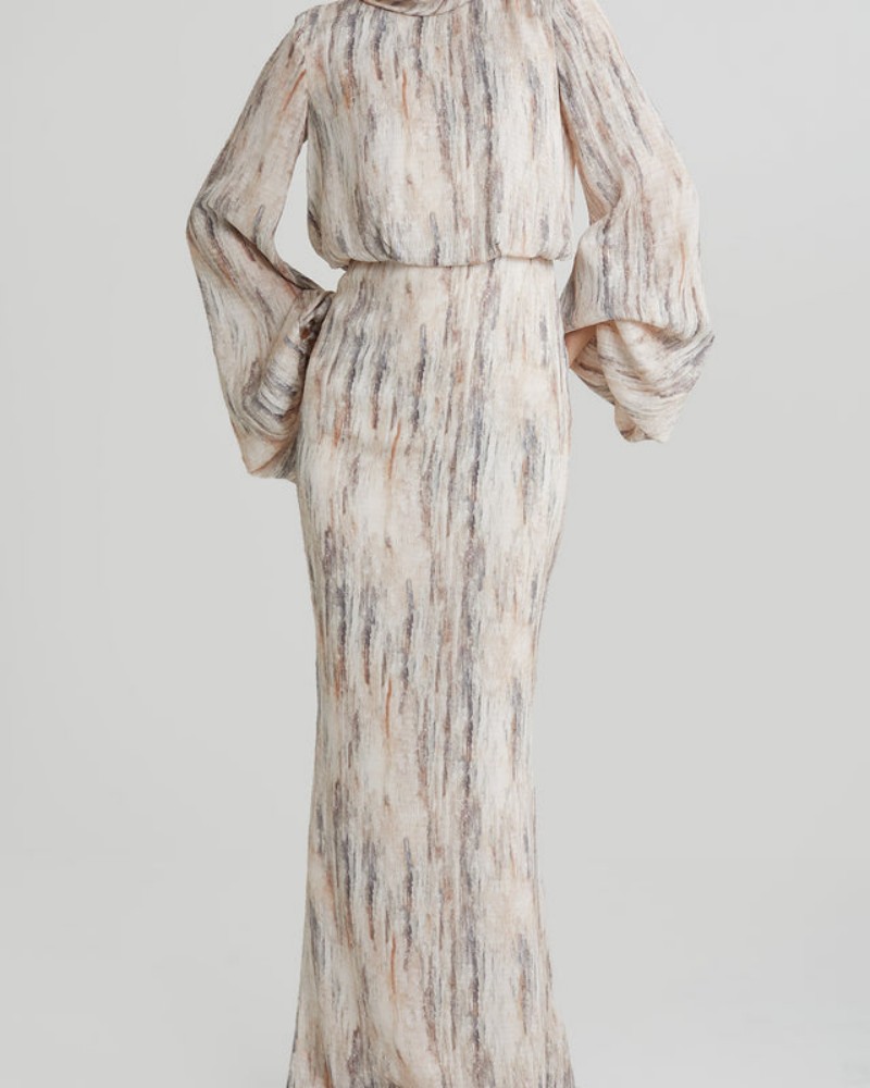 Factory Direct Custom Beige Abstract Stripe Puff Sleeve Maxi Dress - Image 4