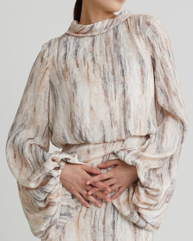 Factory Direct Custom Beige Abstract Stripe Puff Sleeve Maxi Dress - Image 3