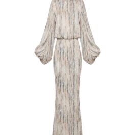 Factory Direct Custom Beige Abstract Stripe Puff Sleeve Maxi Dress