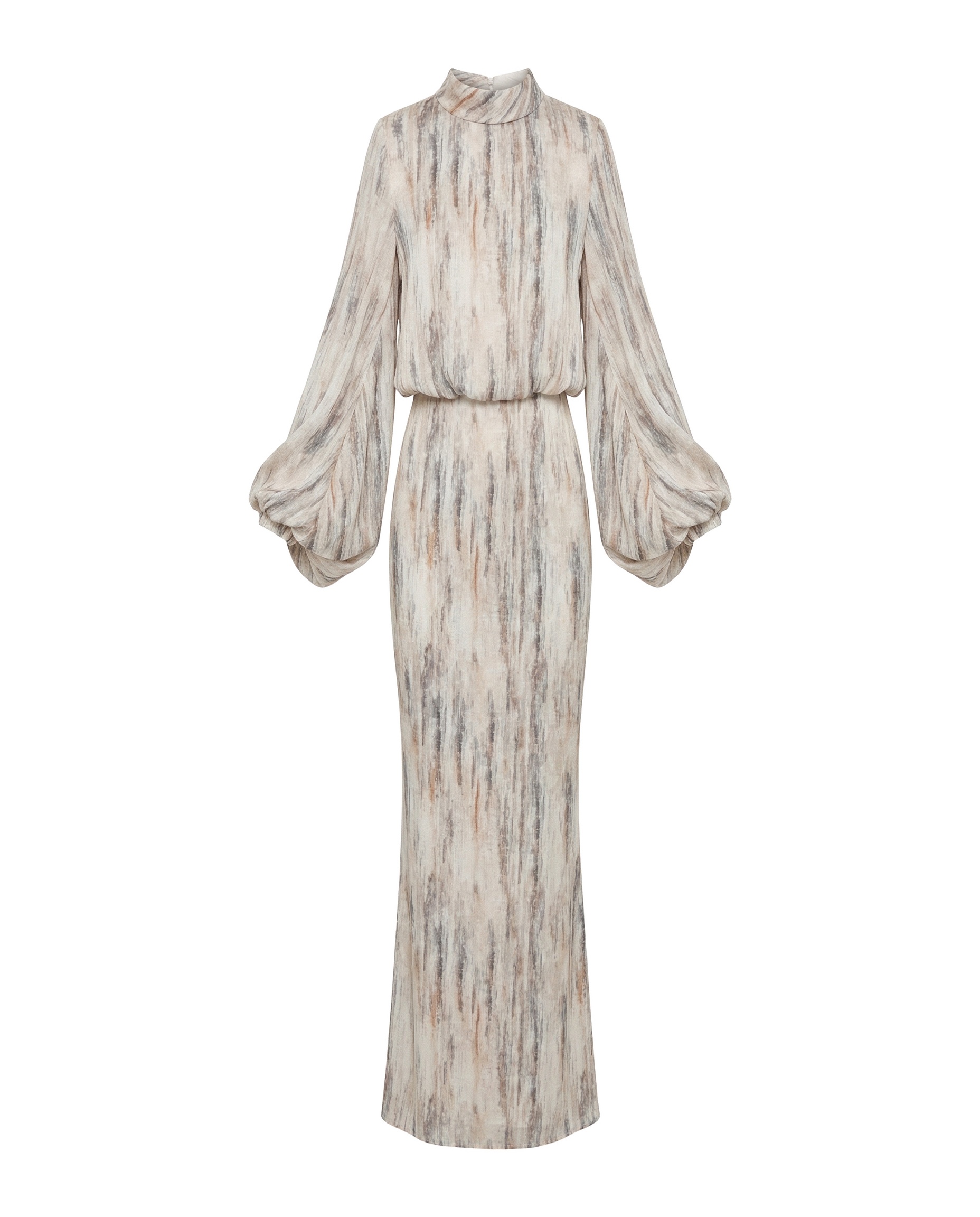 Factory Direct Custom Beige Abstract Stripe Puff Sleeve Maxi Dress