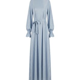 Factory Custom Light Blue Shimmer High Neck Maxi Dress with Detachable Belt