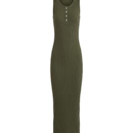 Olive Green Ribbed Knit Midi Dress Sleeveless Button Front Bodycon