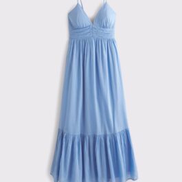 Factory Custom Light Blue Ruched Waist Ruffle Hem Maxi Dress