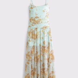 Factory OEM Custom Mint Floral Ruched Waist Mesh Maxi Dress