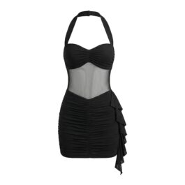 Factory OEM Custom Black Sheer Mesh Ruffle Ruched Halter Dress