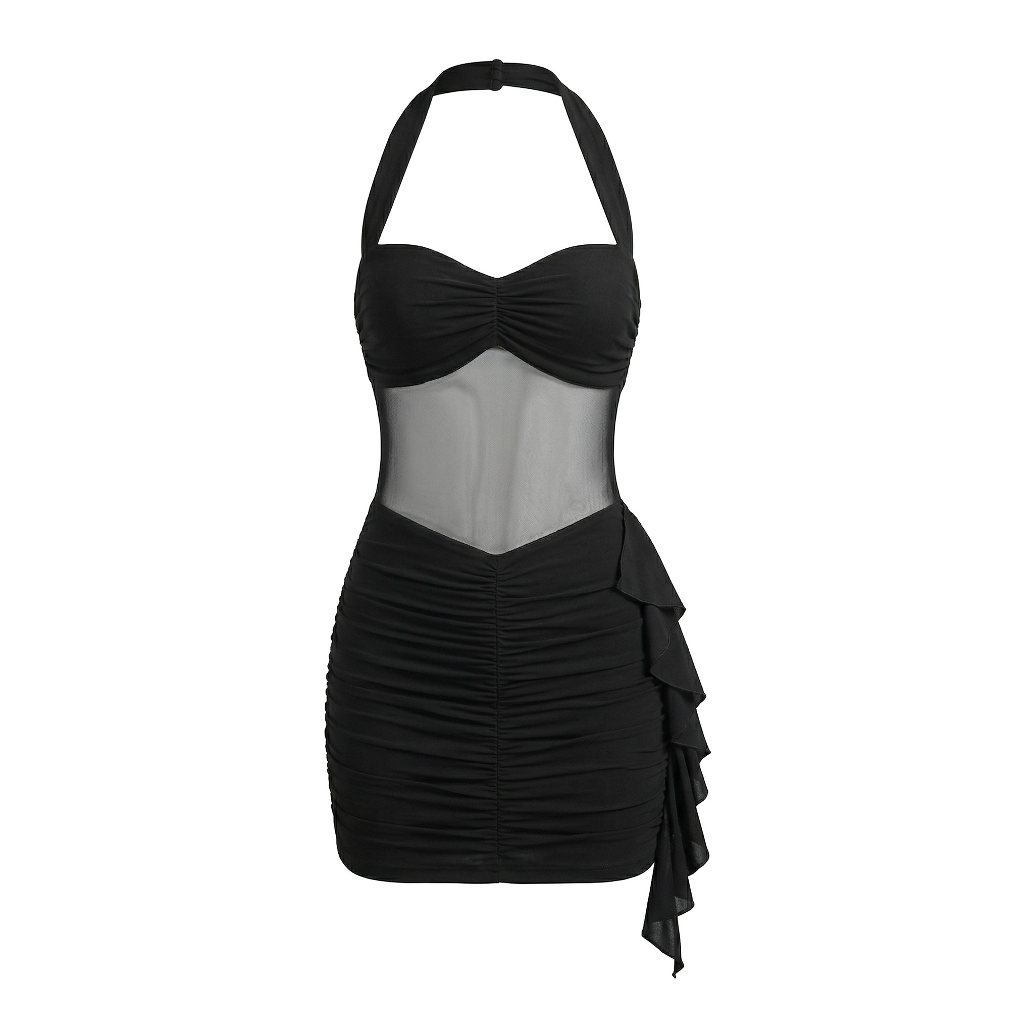 Factory OEM Custom Black Sheer Mesh Ruffle Ruched Halter Dress