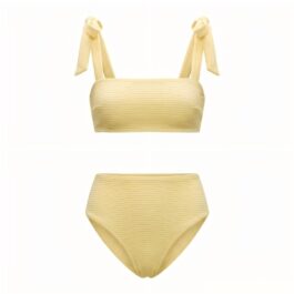 Custom Pale Yellow Ribbed Tie Shoulder High-Waisted Bikini Set