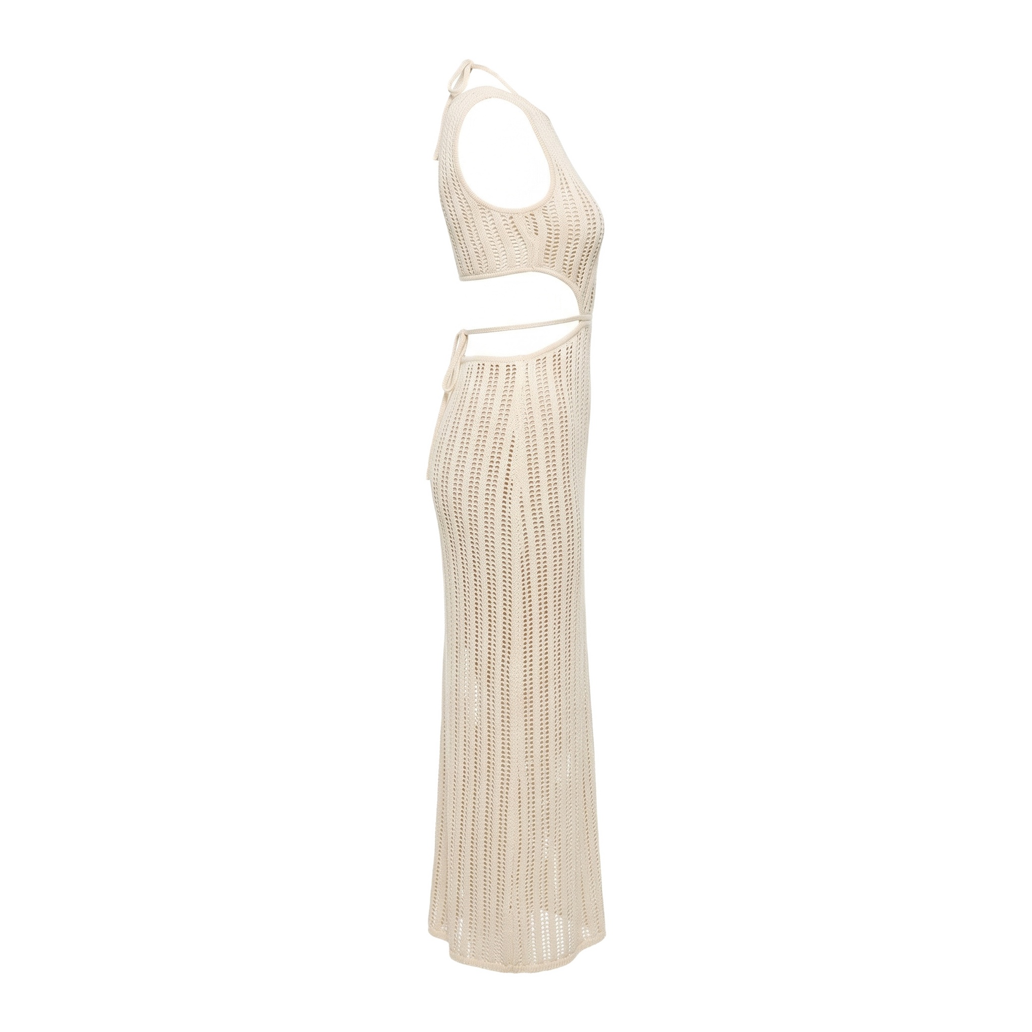 Factory Custom Beige Knit Cutout Halter Beach Cover Up Dress - Image 3