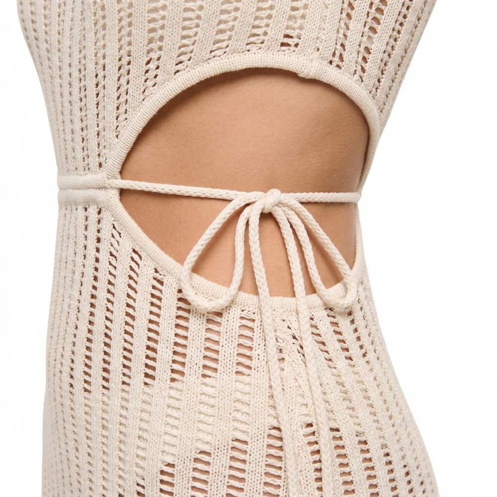 Factory Custom Beige Knit Cutout Halter Beach Cover Up Dress - Image 5
