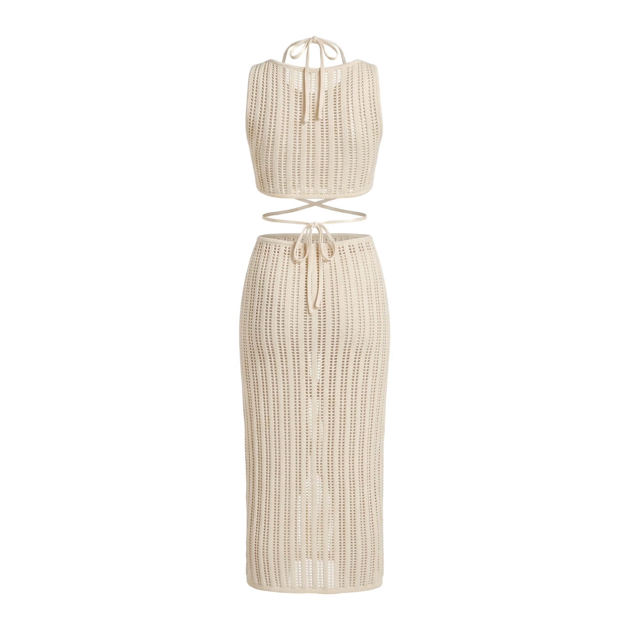 Factory Custom Beige Knit Cutout Halter Beach Cover Up Dress - Image 2